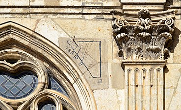 Sundial on the facade of Notre-Dame-des-Marais church - La Ferté-Bernard, Sarthe, France