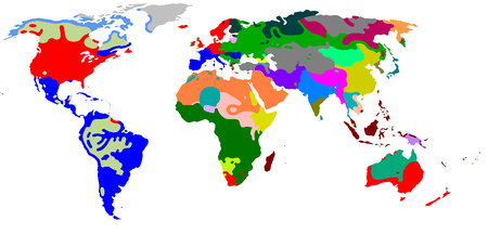 Een aantal grote taalfamilies (alfabetische volgorde) in kaart (grotere versie)