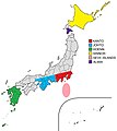 Map of Japan showing some areas where Pokémon Regions were based