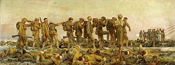 Gassed ("gaseados"), pintura a óleo de 1919 por John Singer Sargent. Descreve as consequências de um ataque com gás mostarda durante a Primeira Guerra Mundial, com uma fileira de soldados feridos caminhando em direção a um hospital de campanha (definição 13 549 × 5 075)