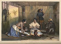 Las Tortilleras, an 1836 lithograph after a painting by Carl Nebel of women grinding corn and making tortillas.