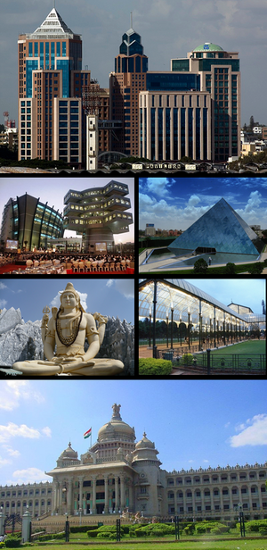 Bangalore kolajı (Üst soldan saat yönünde alt sağa doğru) UB City, Infosys, "Lal Bagh"'da buyuk camdan sera, Vidhana Soudha, Shiva heykeli, Bagmane Teknoloji Parki