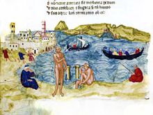 Raffigurazione di Pozzuoli in epoca medievale (dal [[De Balneis Puteolanis]]).