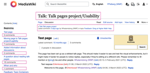 Bildschirmfoto zeigt die Änderungen in der Gestaltung der Diskussionsseite, die derzeit als Probeversion in allen Wikimediawikis zur Verfügung stehen. Diese technischen Ergänzungen beinhalten Informationen zu der Anzahl der Diskussionsteilnehmer und Erläuterungen innerhalb jeder Diskussion.