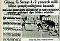 6 Haziran 1938 tarihli Akşam gazetesinde Güneş'in 1938 yılı Türkiye Futbol (Milli Küme) Şampiyonluğu