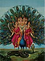 孔雀にまたがるインドヒンドゥー教の軍神スカンダとその妻たち