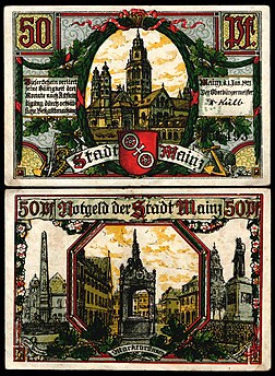 Nota de 50 Pfennig Notgeld emitida em 1 de janeiro de 1921 (há 100 anos) pela cidade alemã de Mainz. Anverso: catedral de Mainz. Reverso: Fonte do Mercado (Marktbrunnen) (definição 2 522 × 3 446)