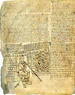 "De nuptiis Philologiae et Mercurii" ("Pri la Nuptoj de la filologio kaj Merkuro"), manuskripto de Marciano el la 10-a jarcento, Nacia Biblioteko de Parizo.