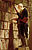 大きな本棚の前に置かれた梯子の上に立つ男性を描いた絵