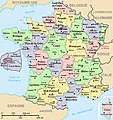 (français) Départements (numérotés) et régions de France avant 01/01/2016 (nommées et colorisées) [15% magnified, rapid JPEG format 5x faster]