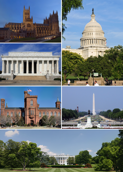 ตามเข็มนาฬิกาจากบนขวา: อาคารรัฐสภาสหรัฐ, อนุสาวรีย์วอชิงตัน, ทำเนียบขาว, สถาบันสมิธโซเนียน, อนุสรณ์สถานลินคอล์น และอาสนวิหารแห่งชาติวอชิงตัน