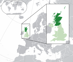 Location o  Scotland  (dark green) – on the European continent  (green & dark grey) – in the Unitit Kinrick  (green)