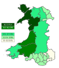 Antal kymrisktalande i Wales i procent efter kommun.