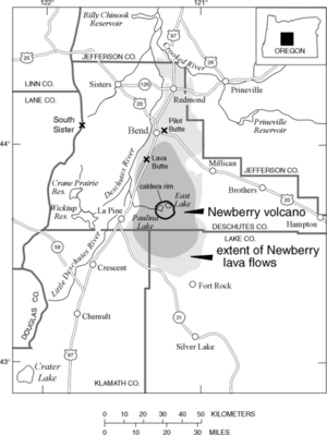 A map shows the extent of lava flows emanating from Newberry Volcano under the extent of the volcanic center itself