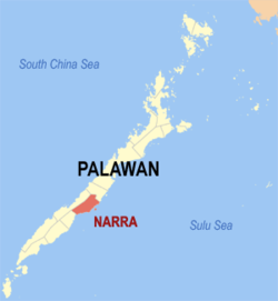 Mapa ng Palawan na nagpapakita sa lokasyon ng Narra.