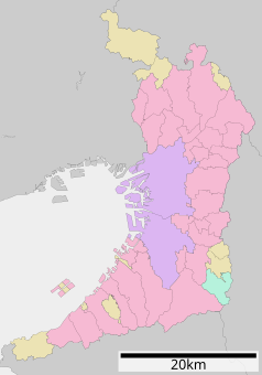 Mapa konturowa prefektury Osaka, po prawej znajduje się punkt z opisem „Kadoma”