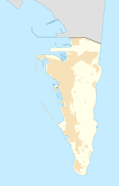 Mapa konturowa Gibraltaru, w centrum znajduje się punkt z opisem „Katedra Najświętszej Maryi Panny Królowej w Gibraltarze”