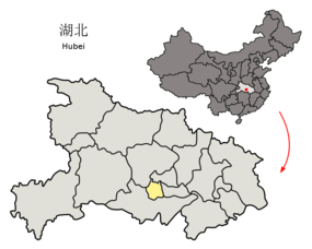Qianjiangs läge i Hubei, Kina.