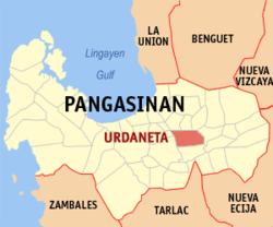 Mapa ng Pangasinan na nagpapakita ng lokasyon ng Urdaneta.