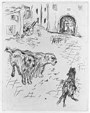 Plusieurs chiens se retrouvent au centre d'une place de village, dans un style monochrome très épuré.
