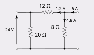 The previous attenuator showing port 2 current splitting to 1.2 and 4.8 A the horizontal and vertical branches respectively