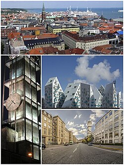Shora a zleva doprava: panorama města, radnice, Isbjerget, ulice Park Allé