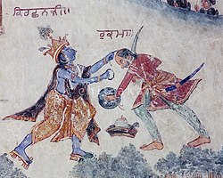 Lukisan dinding dari Punjab yang menampilkan pertarungan Kresna (kiri) melawan Rukmi yang membawa pedang.