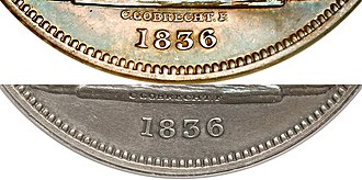 détails de deux pièces de monnaie avec le nom du graveur en deux tailles différentes et la date.
