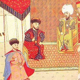 Менглі Гірэй (у цэнтры) са сваім сынам і спадчыннікам Мехмедам Гірэем (злева) і асманскім султанам Баязідам II (справа)