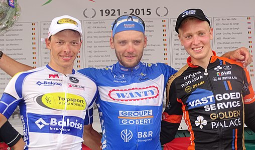 Podium de l'édition 2015 de la Coupe Sels : Oliver Naesen (2e), Robin Stenuit (1er) et Tim Merlier (3e).