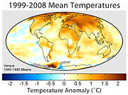 Anomali temperatur permukaan rata-rata selama periode 1995 sampai 2004 dengan dibandingkan pada temperatur rata-rata dari 1940 sampai 1980.
