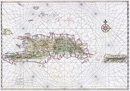 Hispanyola Adası (günümüzde adanın batı kısımında Haiti ve doğu kısımında Dominik Cumhuriyeti yer almaktadır), doğusunda Puerto Rico ve batısında Guantánamo. (Üreten: Johannes Vingboons)
