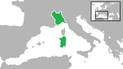 پادشاهی ساردنی در ۱۸۱۵: سرزمین اصلی پیمونت با ساووا، نیس، جنوا و جزیرهٔ ساردنی.