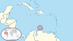 Location of  ଅରୁବ  (circled in red) in the Caribbean  (light yellow)