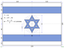 שרטוט של דגל ישראל, גרסה בה קוטר המגן דוד הוא 66 ס"מ (הגרסה הרשמית לפי "הדגלן"[3])