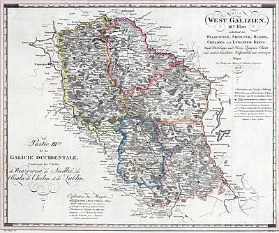 Północno-wschodnia część Nowej Galicji - cyrkuły: wiązowieński, siedlecki, bialski, chełmski i lubelski - według stanu na początek 1803 – po likwidacji cyrkułu radzyńskiego w 1802, a przed reformą z maja 1803