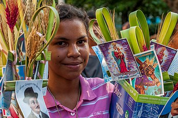 Jeune vendeuse de rue proposant des rameaux pour le dimanche du même nom à Maracaibo, au Venezuela. (définition réelle 4 288 × 2 848)