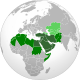 Mørk grønn: Midtøsten (tradisjonell def.); Lysere grønn: Større midtøsten (G8 def.); Lysest grønn: Sentral-Asia (enkelte ganger medregnet)