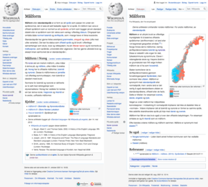 Nynorsk [nn] (left) and Bokmål/Riksmål [nb] editions of Wikipedia side-by-side