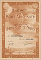 フランス飛行クラブが発行した気球操縦の認定証（1904年）