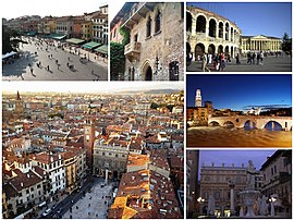 A collage of Verona, clockwise from top left to right: View of Piazza Bra from Verona Arena, House of Juliet, Verona Arena, Ponte Pietra at sunset, Statue of Madonna Verona's fountain in Piazza Erbe, view of Piazza Erbe from Lamberti Tower