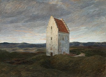 A Antiga Igreja de Skagen. Noite (1910), quadro do pintor dinamarquês Johannes Wilhjelm no Museu de Skagen (definição 9 821 × 7 166)