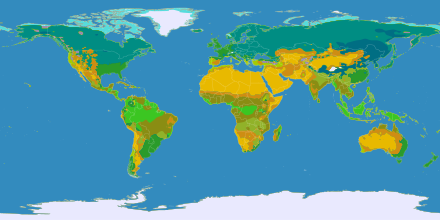 Мапа света. Жутомрка трака се протеже од Северне Африке до Централне Кине; већи део Аустралије, део Јужне Африке и западни део Северне и Јужне Америке је такође жутомрк. Тамнозелена боја доминира северном хемисфером. Светлозелена боја покрива већину земаља око екватора. Поларне области су беле, а север је приказан светлоплавом бојом.