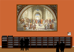 Raffaello Sanzio: Athéni iskola (Arisztotelész, Platón, Szókratész stb.) című festménye alatt méretösszehasonlítás a 2005/2006-os Brockhaus-enciklopédia és a 2011. júliusi német nyelvű Wikipédia között