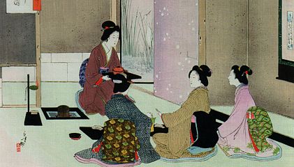 Gammal japansk målning föreställade teceremoni.