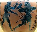 Аполлон і Геракл з дельфійським вівтарем-триногою, чорнофігурний вазопис , гідрія, бл. 520 р. до н.е., Національний археологічний музей Іспанії