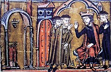 miniatura do século XIII do rei Balduíno II concedendo a Mesquita de Al Aqsa a Hugues de Payens