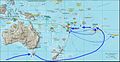 Mapa plavby lodi Bounty(modře) a cesta člunu kapitána Williama Blighe (zeleně)