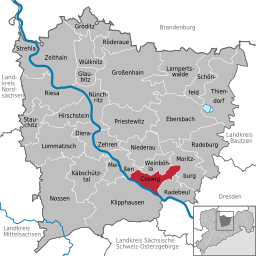 Läget för kommunen Coswig (Sachsen) i Landkreis Meissen