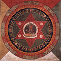 Painted 19th century تبتan mandala of the Naropa tradition, Vajrayogini stands in the center of two crossed red triangles, Rubin Museum of Art